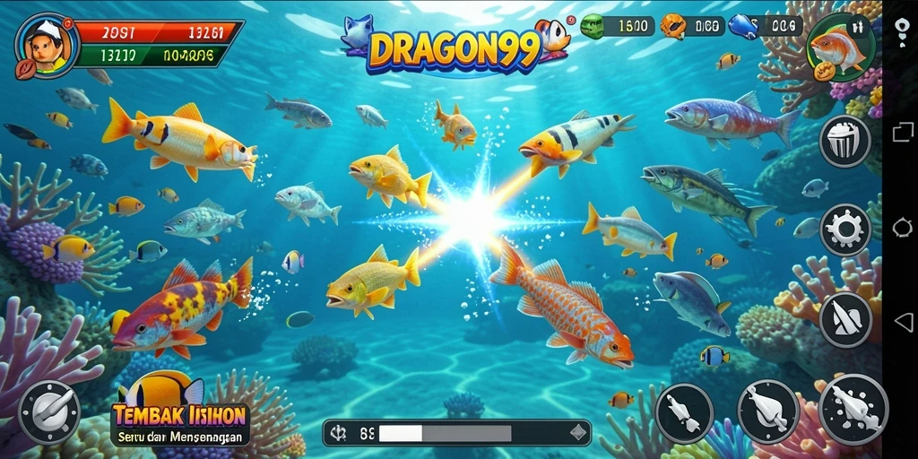 Tampilan gameplay menarik dari DRAGON99 dengan berbagai ikan berwarna.