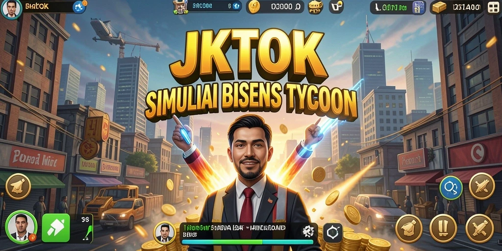 Screenshot utama JKTOK menunjukkan gameplay yang seru dari simulasi bisnis Tycoon.