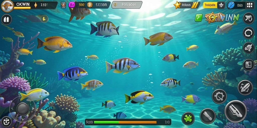 Tampilan gameplay seru dari OKWIN dengan aksi tembak ikan yang mendebarkan.