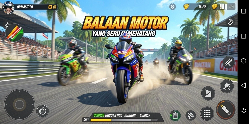 Screenshot gameplay ORMASTOTO menampilkan aksi balapan motor yang mendebarkan.