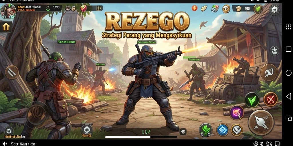 Tangkapan layar utama gameplay di <strong>REZEGO</strong> menunjukkan pertempuran epik dengan strategi mendalam.
