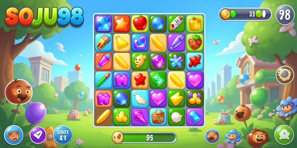 Gameplay seru SOJU88 dengan tantangan Match-3 yang menarik.