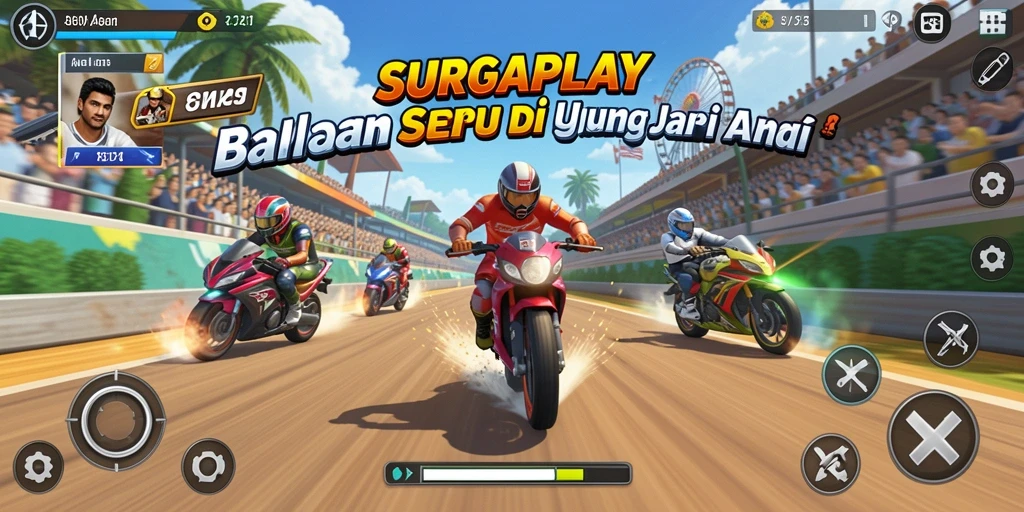 Gameplay SURGAPLAY yang penuh aksi dan seru saat balapan.
