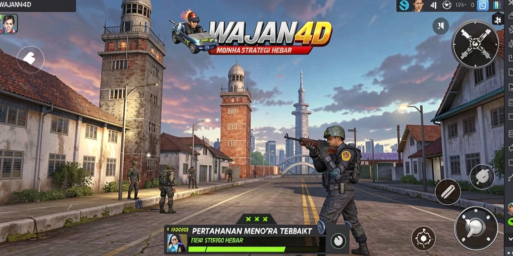 Screenshot gameplay WAJAN4D menampilkan pertahanan menara yang strategis.
